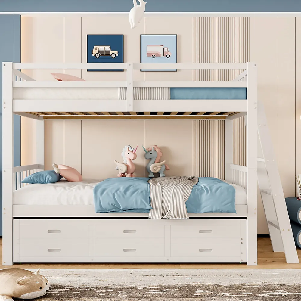 Lit Superposé 90x200 cm avec Lit Gigogne et 3 Tiroirs - Bois de Pin et MDF - Sans Matelas - Blanc>Okwish Clearance