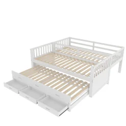 Lit Superposé 90x200 cm avec Lit Gigogne et 3 Tiroirs - Bois de Pin et MDF - Sans Matelas - Blanc><noscript><img width=