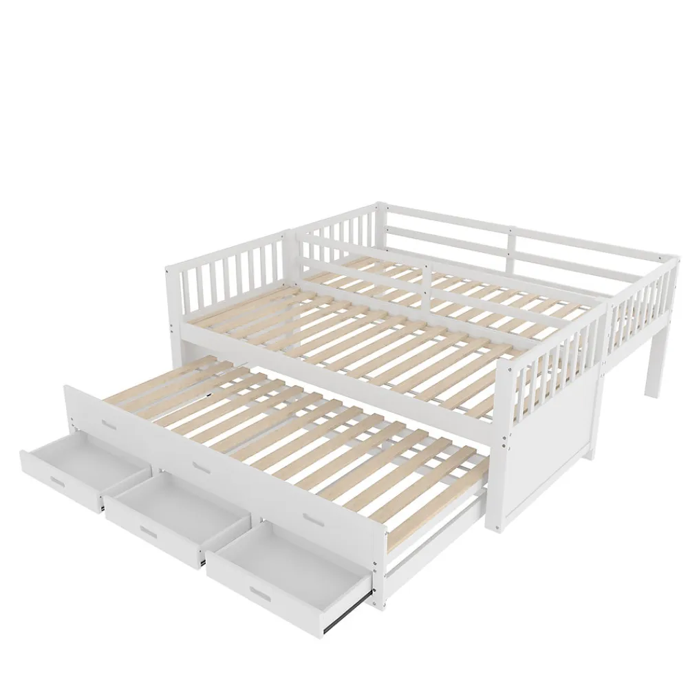 Lit Superposé 90x200 cm avec Lit Gigogne et 3 Tiroirs - Bois de Pin et MDF - Sans Matelas - Blanc>Okwish Clearance