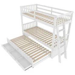 Lit Superposé 90x200 cm avec Lit Gigogne et 3 Tiroirs - Bois de Pin et MDF - Sans Matelas - Blanc><noscript><img width=