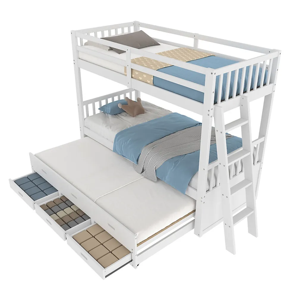 Lit Superposé 90x200 cm avec Lit Gigogne et 3 Tiroirs - Bois de Pin et MDF - Sans Matelas - Blanc>Okwish Clearance