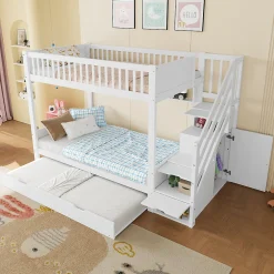 Lit superposé 90x200 cm avec lit gigogne et armoire intégrée, escalier coffre en pin blanc>Redom Best