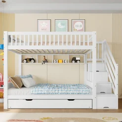 Lit superposé 90x200 cm avec lit gigogne et armoire intégrée, escalier coffre en pin blanc>Redom Best