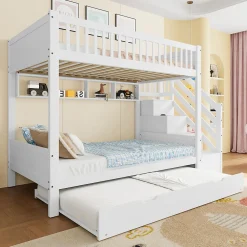 Lit superposé 90x200 cm avec lit gigogne et armoire intégrée, escalier coffre en pin blanc><noscript><img width=
