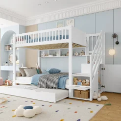 Lit superposé 90x200 cm avec lit gigogne et armoire intégrée, escalier coffre en pin blanc><noscript><img width=