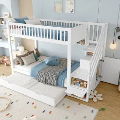 Lit superposé 90x200 cm avec lit gigogne et armoire intégrée, escalier coffre en pin blanc><noscript><img width=