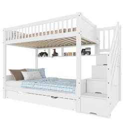 Lit superposé 90x200 cm avec lit gigogne et armoire intégrée, escalier coffre en pin blanc><noscript><img width=