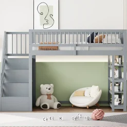 Lit superposé 90x200 cm avec rangements intégrés et échelle de sécurité en bois massif, gain de place>Redom