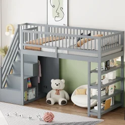 Lit superposé 90x200 cm avec rangements intégrés et échelle de sécurité en bois massif, gain de place>Redom