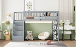 Lit superposé 90x200 cm avec rangements intégrés et échelle de sécurité en bois massif, gain de place><noscript><img width=