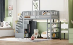 Lit superposé 90x200 cm avec rangements intégrés et échelle de sécurité en bois massif, gain de place><noscript><img width=