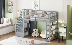 Lit superposé 90x200 cm avec rangements intégrés et échelle de sécurité en bois massif, gain de place><noscript><img width=
