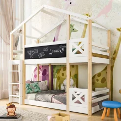Lit superposé 90x200 cm avec sommier inclus et échelle intégrée, toit ludique et tableau, pin massif/MDF blanc><noscript><img width=