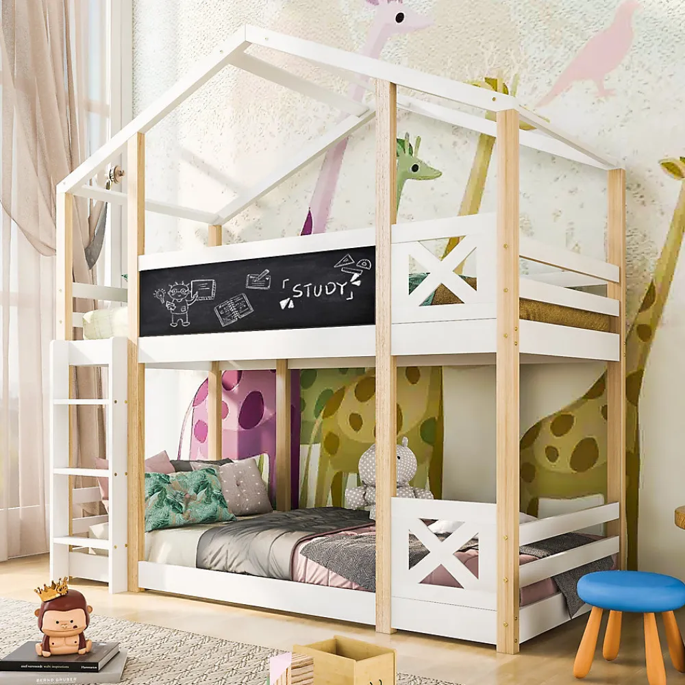 Lit superposé 90x200 cm avec sommier inclus et échelle intégrée, toit ludique et tableau, pin massif/MDF blanc>Redom New