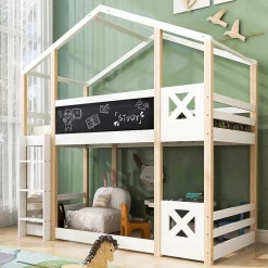 Lit superposé 90x200 cm avec sommier inclus et échelle intégrée, toit ludique et tableau, pin massif/MDF blanc><noscript><img width=