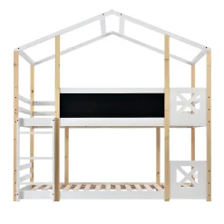 Lit superposé 90x200 cm avec sommier inclus et échelle intégrée, toit ludique et tableau, pin massif/MDF blanc><noscript><img width=