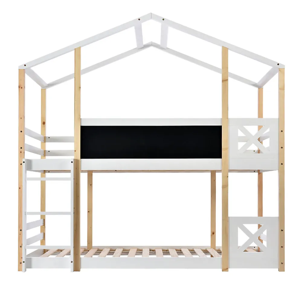 Lit superposé 90x200 cm avec sommier inclus et échelle intégrée, toit ludique et tableau, pin massif/MDF blanc>Redom New