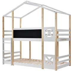Lit superposé 90x200 cm avec sommier inclus et échelle intégrée, toit ludique et tableau, pin massif/MDF blanc><noscript><img width=