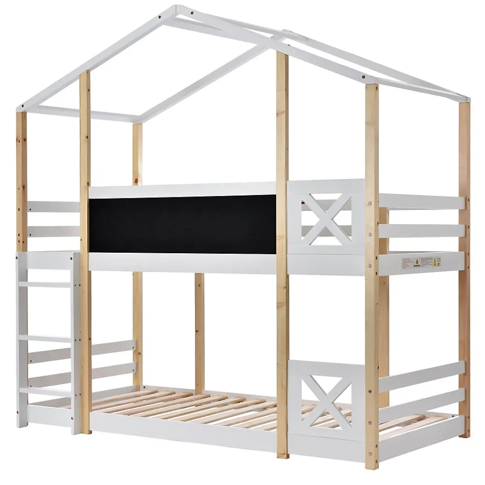 Lit superposé 90x200 cm avec sommier inclus et échelle intégrée, toit ludique et tableau, pin massif/MDF blanc>Redom New