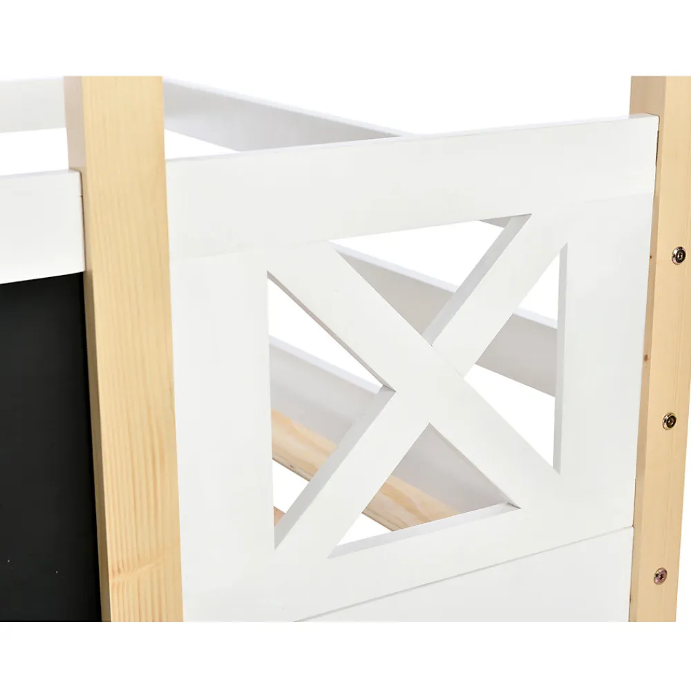 Lit superposé 90x200 cm avec sommier inclus et échelle intégrée, toit ludique et tableau, pin massif/MDF blanc>Redom New
