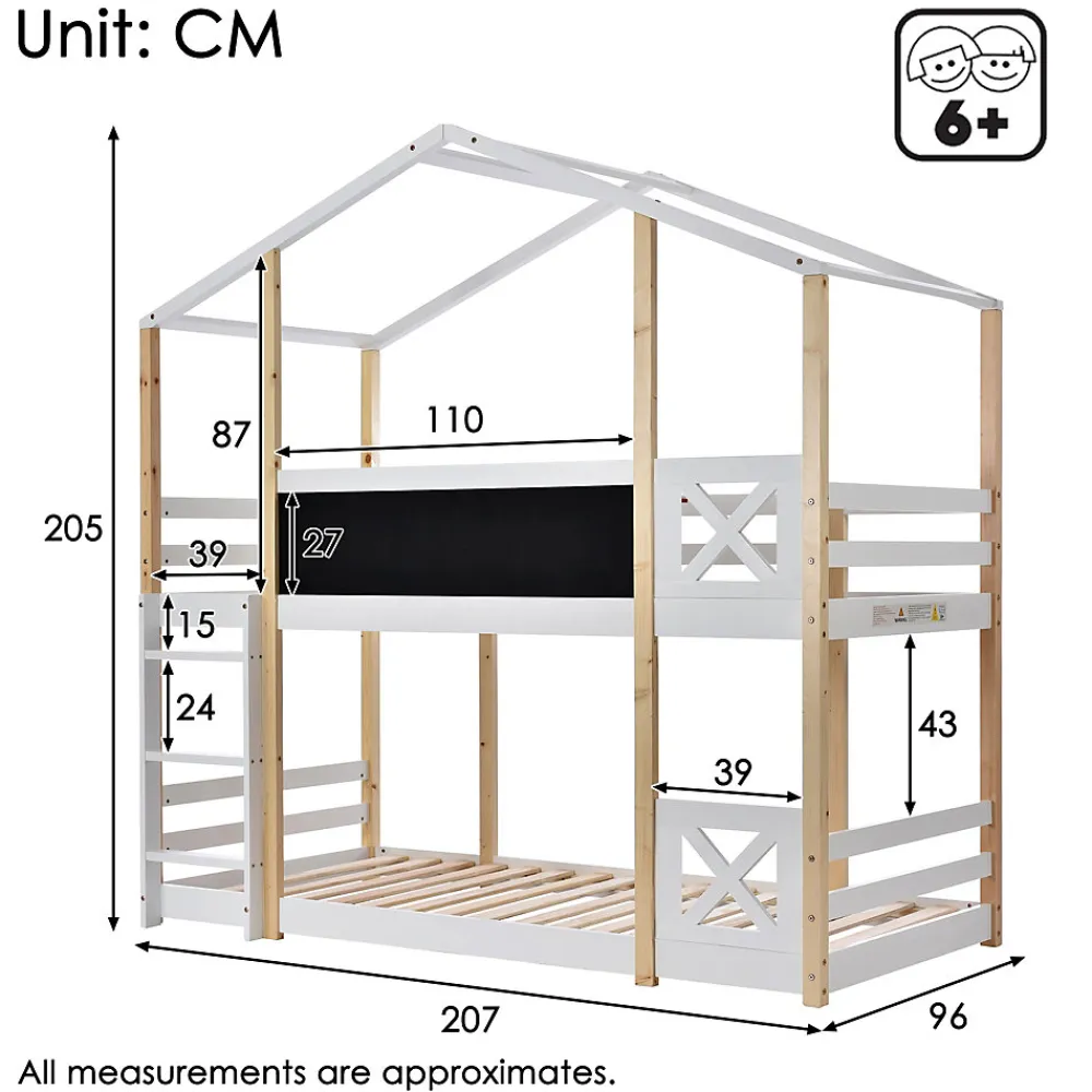Lit superposé 90x200 cm avec sommier inclus et échelle intégrée, toit ludique et tableau, pin massif/MDF blanc>Redom New