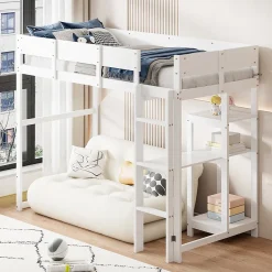 Redom Lit superposé 90x200 cm avec étagère intégrée et garde-corps, structure en pin massif blanc, solution gain de place*Enfant Lit Enfant