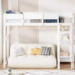 Redom Lit superposé 90x200 cm avec étagère intégrée et garde-corps, structure en pin massif blanc, solution gain de place*Enfant Lit Enfant