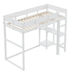 Redom Lit superposé 90x200 cm avec étagère intégrée et garde-corps, structure en pin massif blanc, solution gain de place*Enfant Lit Enfant