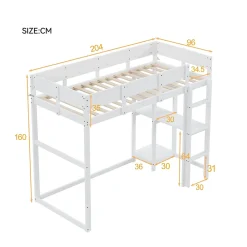 Redom Lit superposé 90x200 cm avec étagère intégrée et garde-corps, structure en pin massif blanc, solution gain de place*Enfant Lit Enfant