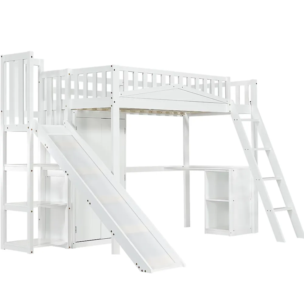 Fortuna lai Lit superposé 90x200 cm avec table, armoire, sécurité, échelle 4 marches, cadre bois*Enfant Lit Enfant