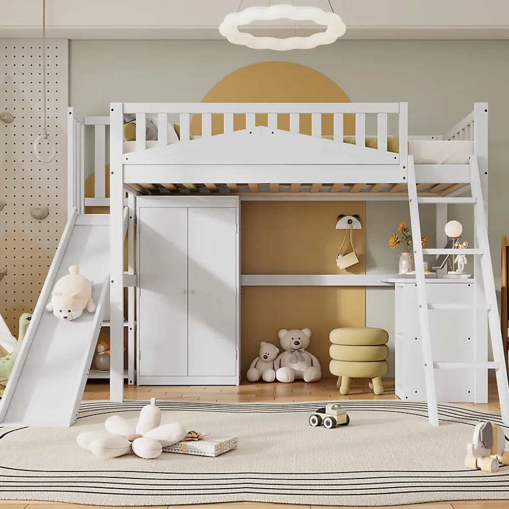Fortuna lai Lit superposé 90x200 cm avec table, armoire, sécurité, échelle 4 marches, cadre bois*Enfant Lit Enfant