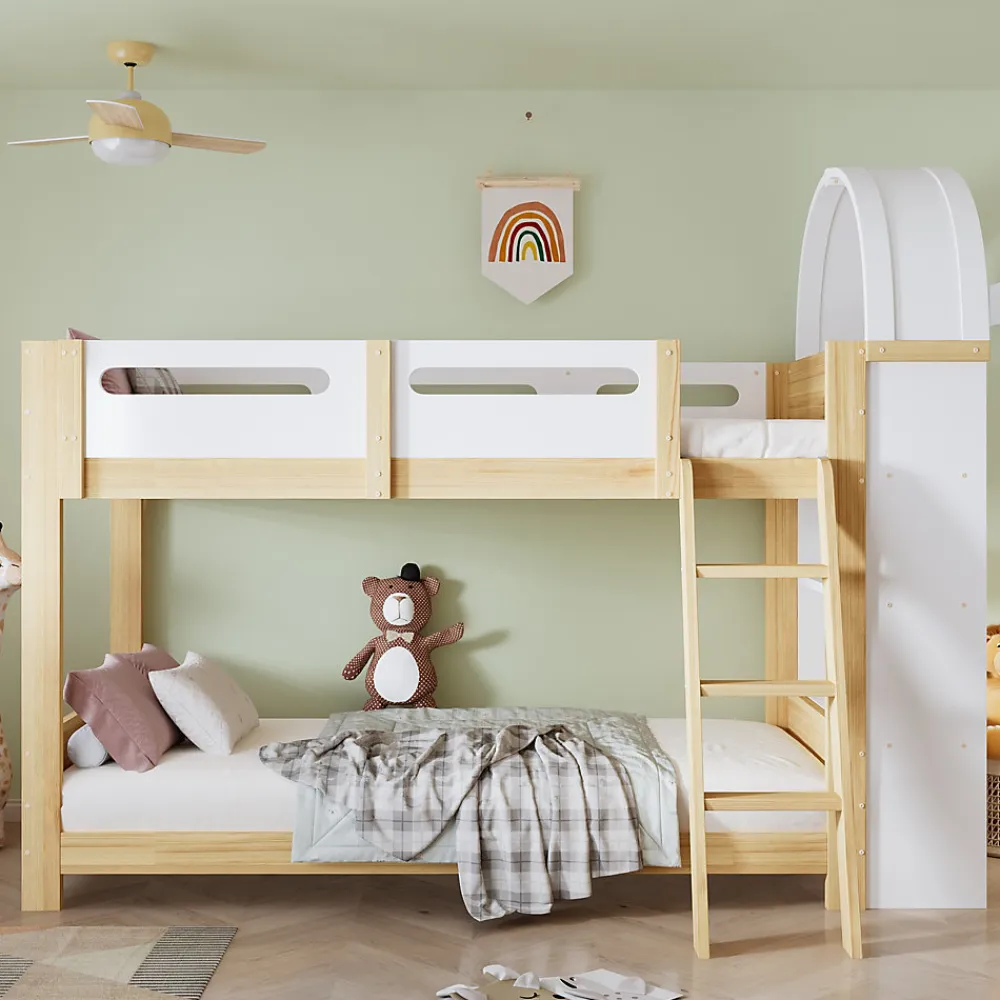 Lit superposé 90x200 cm avec étagère 3 niveaux et échelle 3 marches en pin massif/MDF>Redom Sale