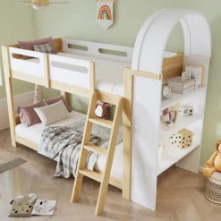 Lit superposé 90x200 cm avec étagère 3 niveaux et échelle 3 marches en pin massif/MDF>Redom Sale