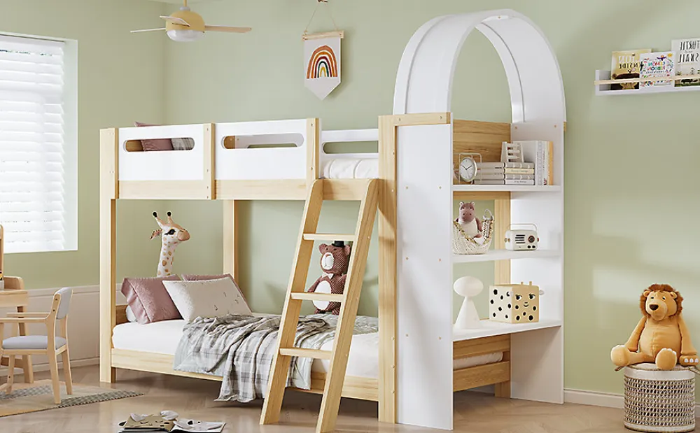 Lit superposé 90x200 cm avec étagère 3 niveaux et échelle 3 marches en pin massif/MDF>Redom Sale