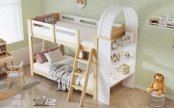 Lit superposé 90x200 cm avec étagère 3 niveaux et échelle 3 marches en pin massif/MDF><noscript><img width=