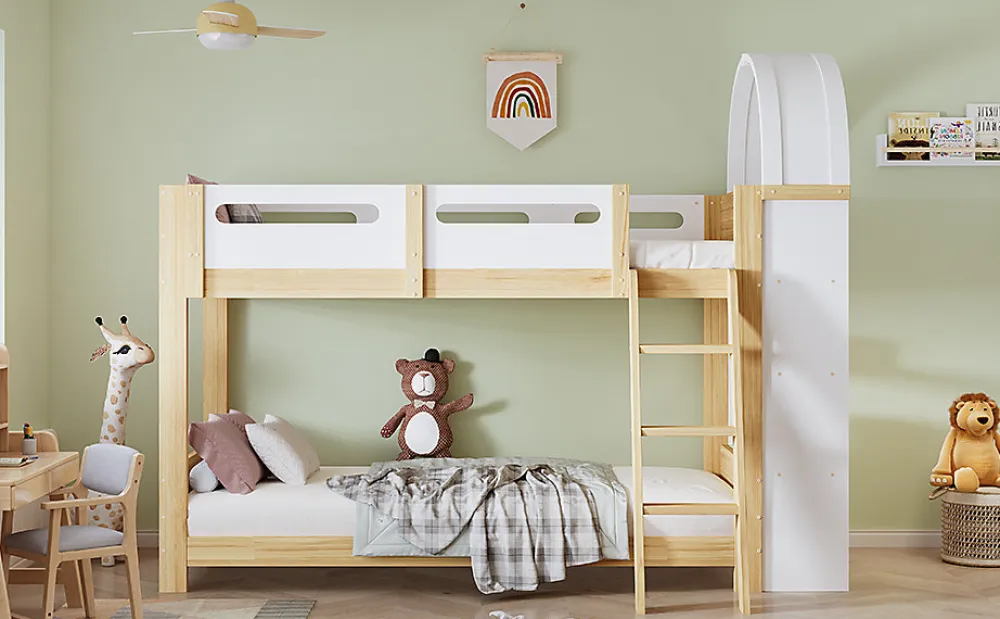 Lit superposé 90x200 cm avec étagère 3 niveaux et échelle 3 marches en pin massif/MDF>Redom Sale