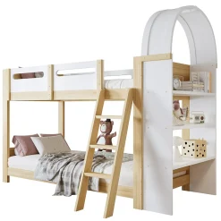 Lit superposé 90x200 cm avec étagère 3 niveaux et échelle 3 marches en pin massif/MDF><noscript><img width=