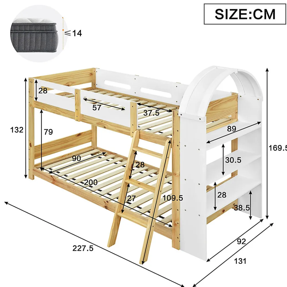 Lit superposé 90x200 cm avec étagère 3 niveaux et échelle 3 marches en pin massif/MDF>Redom Sale