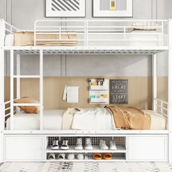 Redom Lit superposé 90x200 cm avec étagère à chaussures intégrée et échelle 3 marches, métal blanc*Enfant Lit Enfant