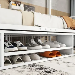 Redom Lit superposé 90x200 cm avec étagère à chaussures intégrée et échelle 3 marches, métal blanc*Enfant Lit Enfant