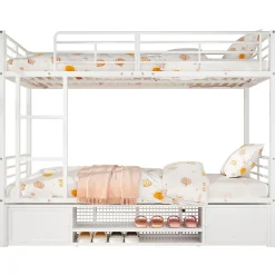 Redom Lit superposé 90x200 cm avec étagère à chaussures intégrée et échelle 3 marches, métal blanc*Enfant Lit Enfant