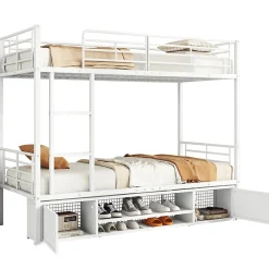 Redom Lit superposé 90x200 cm avec étagère à chaussures intégrée et échelle 3 marches, métal blanc*Enfant Lit Enfant