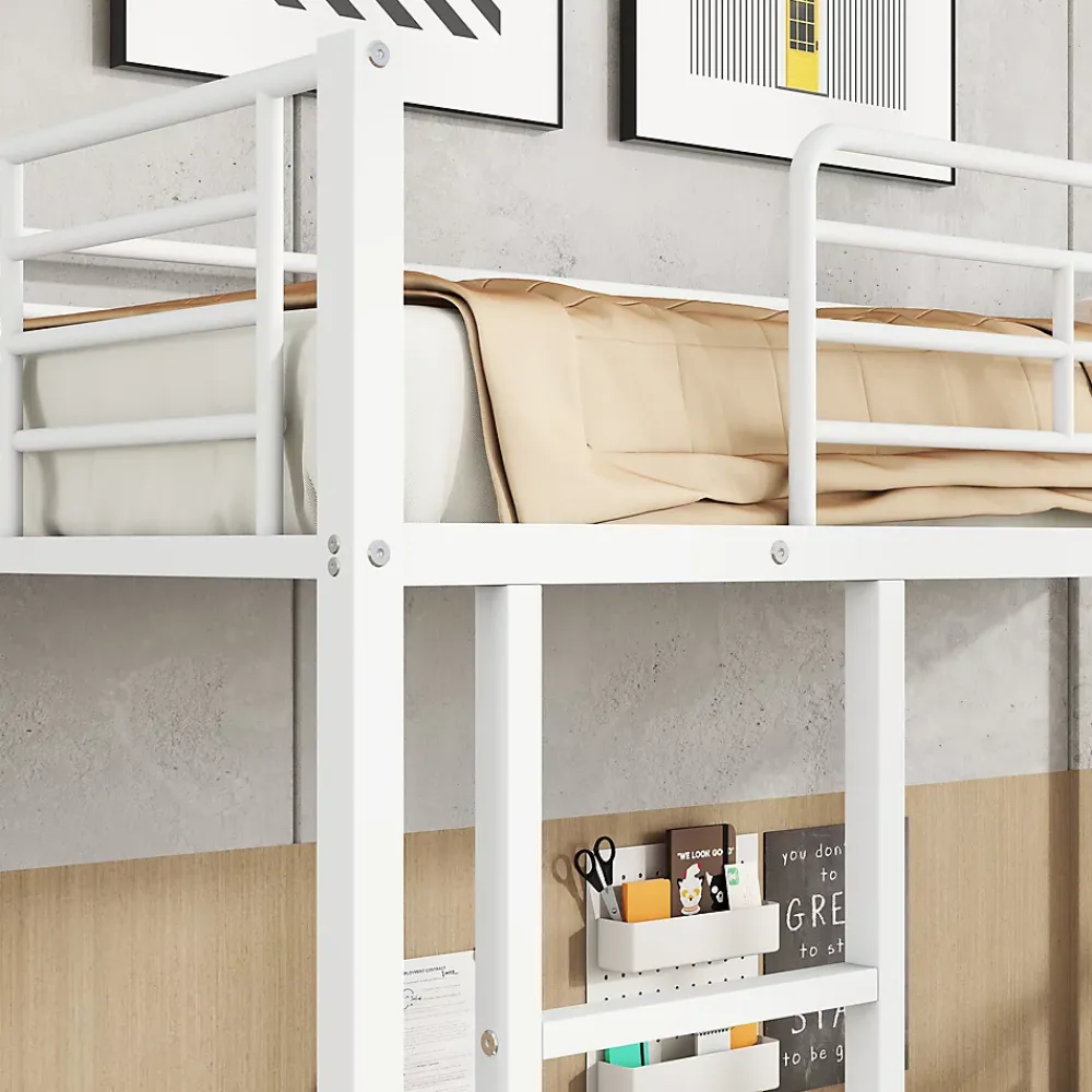 Redom Lit superposé 90x200 cm avec étagère à chaussures intégrée et échelle 3 marches, métal blanc*Enfant Lit Enfant