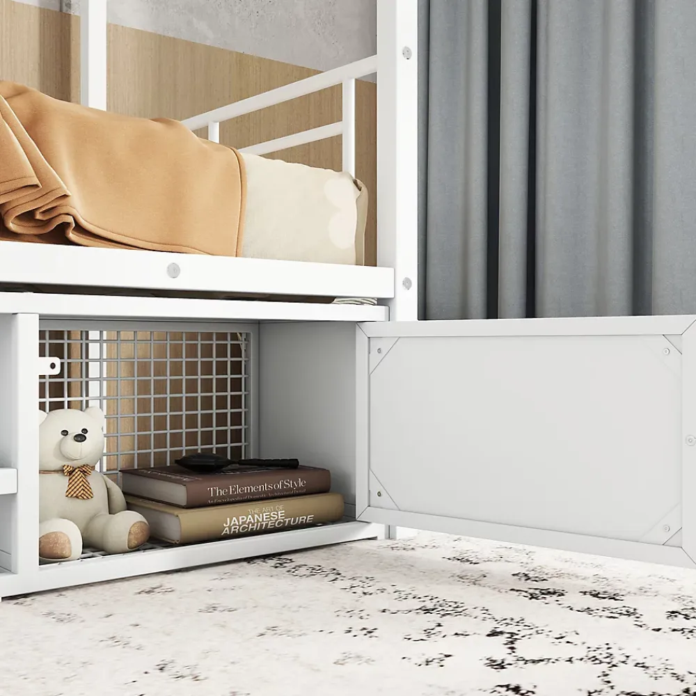 Redom Lit superposé 90x200 cm avec étagère à chaussures intégrée et échelle 3 marches, métal blanc*Enfant Lit Enfant