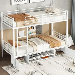 Redom Lit superposé 90x200 cm avec étagère à chaussures intégrée et échelle 3 marches, métal blanc*Enfant Lit Enfant