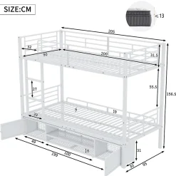 Redom Lit superposé 90x200 cm avec étagère à chaussures intégrée et échelle 3 marches, métal blanc*Enfant Lit Enfant