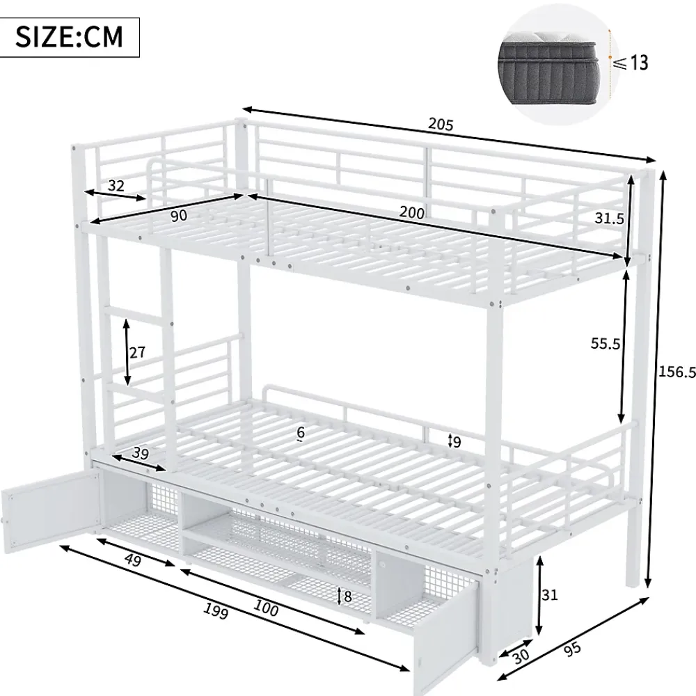 Redom Lit superposé 90x200 cm avec étagère à chaussures intégrée et échelle 3 marches, métal blanc*Enfant Lit Enfant