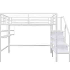Redom Lit superposé 140x200 cm avec étagères intégrées et échelle de rangement, structure métal blanche*Enfant Lit Enfant
