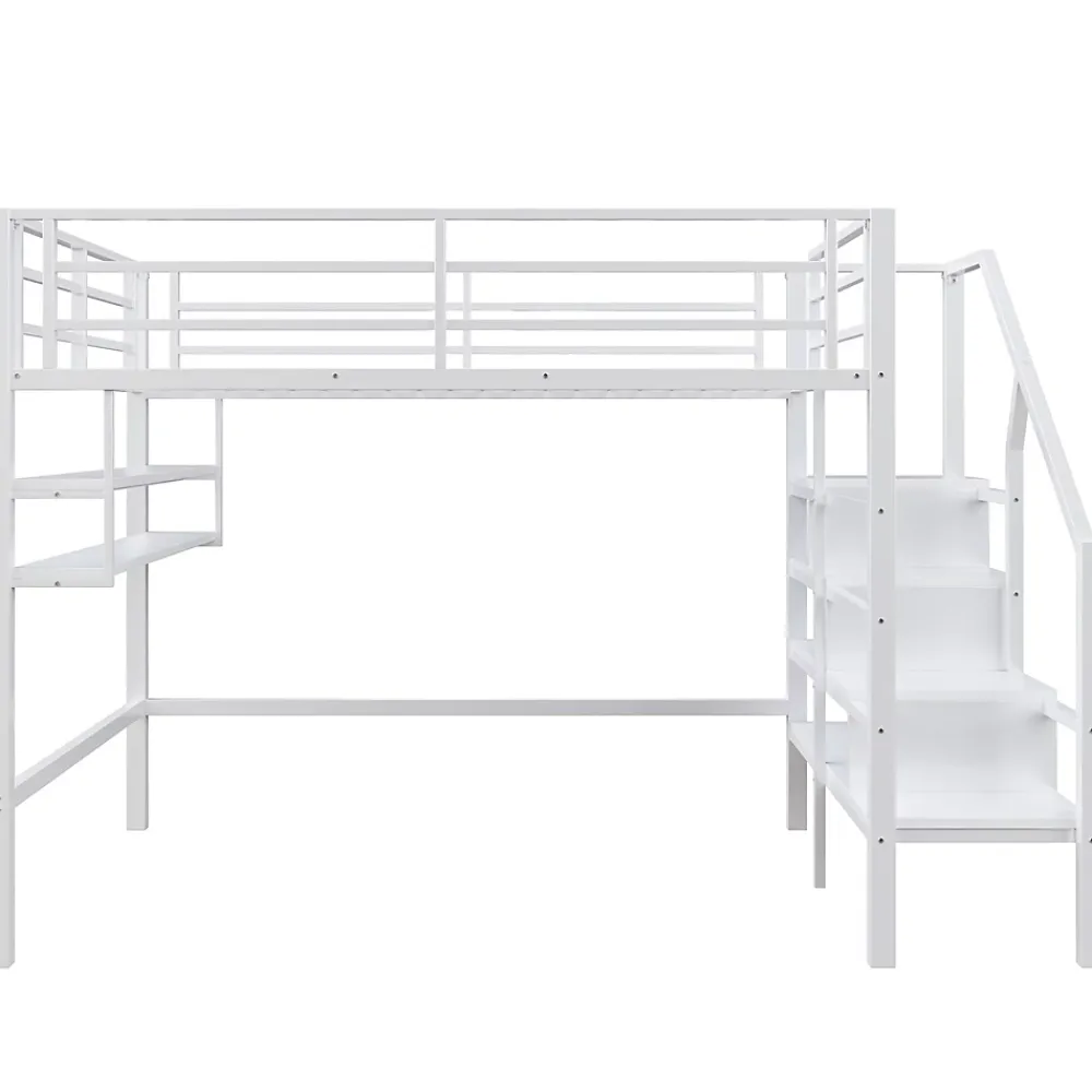 Redom Lit superposé 140x200 cm avec étagères intégrées et échelle de rangement, structure métal blanche*Enfant Lit Enfant