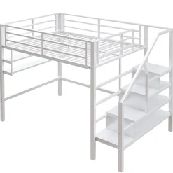 Redom Lit superposé 140x200 cm avec étagères intégrées et échelle de rangement, structure métal blanche*Enfant Lit Enfant